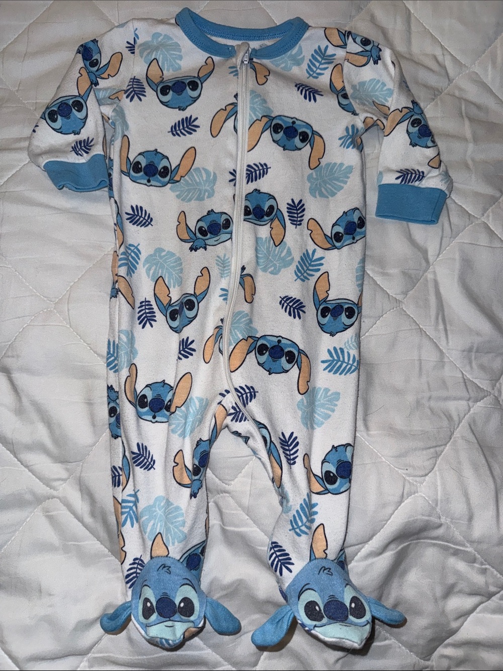 0-3M Disney Blue Cartoon Lilo & Stitch Print Baby One-Piece Footed Pajamas